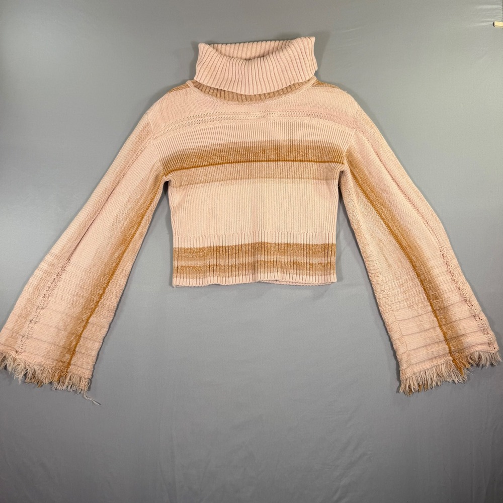 Free People Cropped Turtleneck Sweater Bell Sleeve Fringe Medium Boho Festival